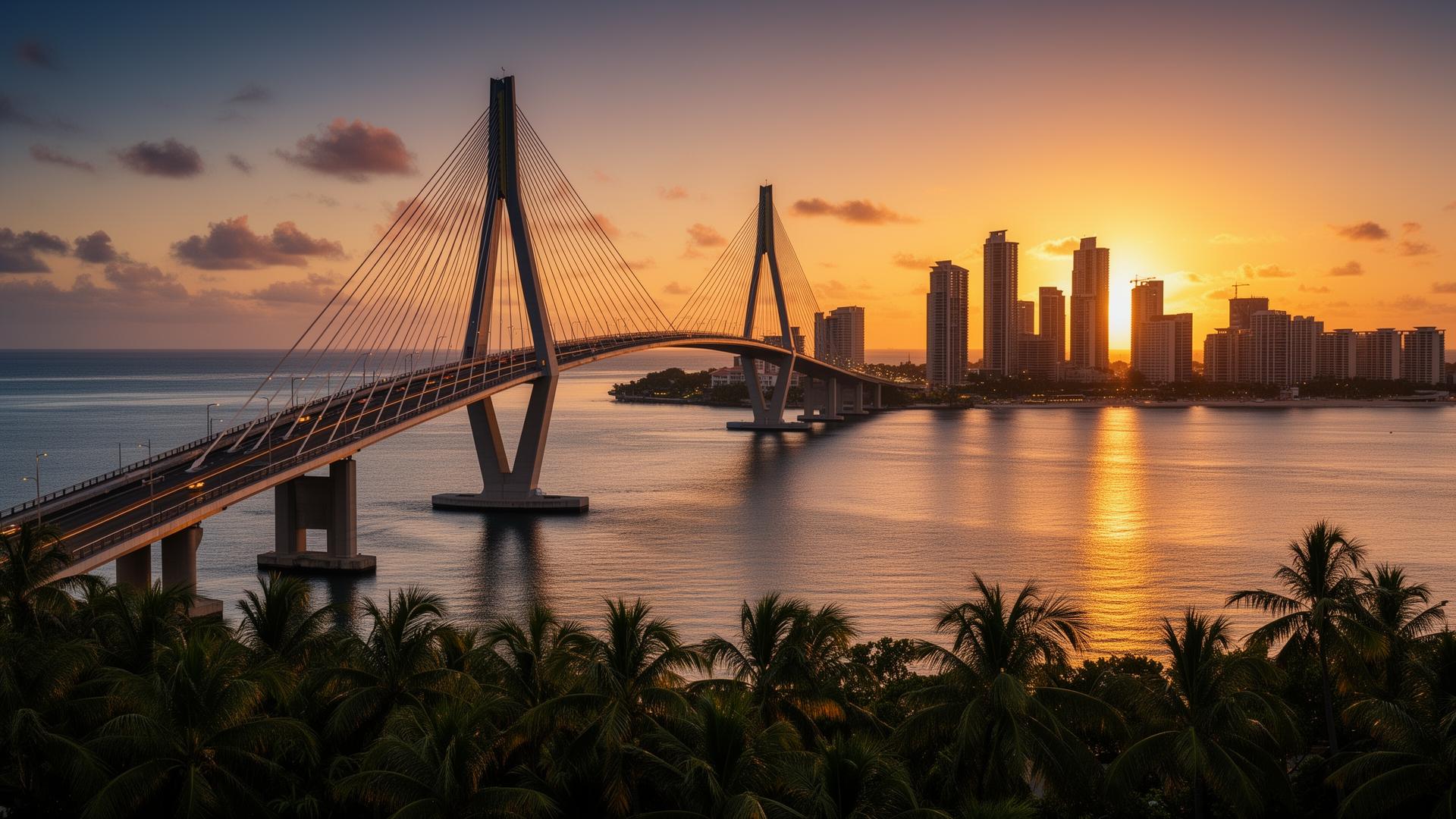 Bridge crossing toward tropical skyline at sunrise